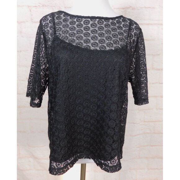 Liz Claiborne Black Lace Circle Pattern Short Sleeve Top Womens M - Picture 1 of 9